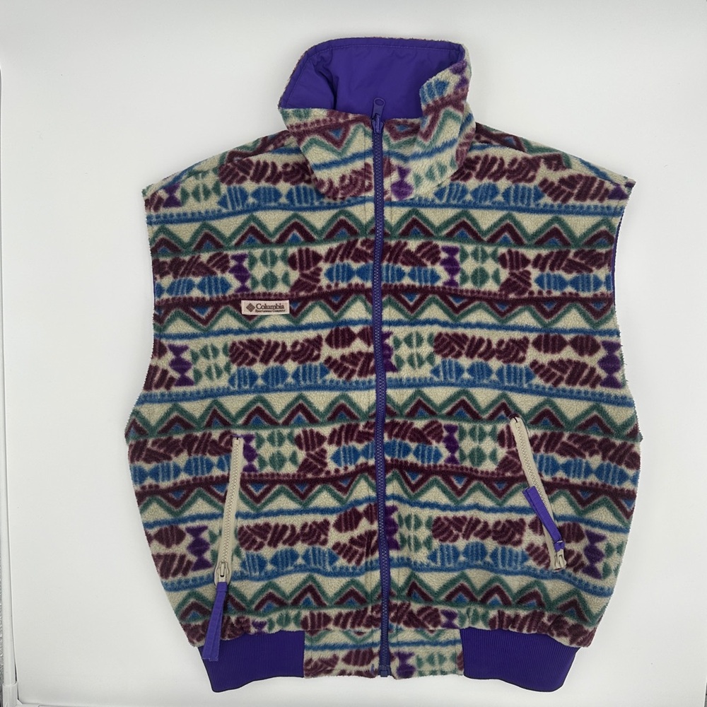 Columbia fleece sweater reversible vest Southwest Aztec Vintage Colorado Rockies